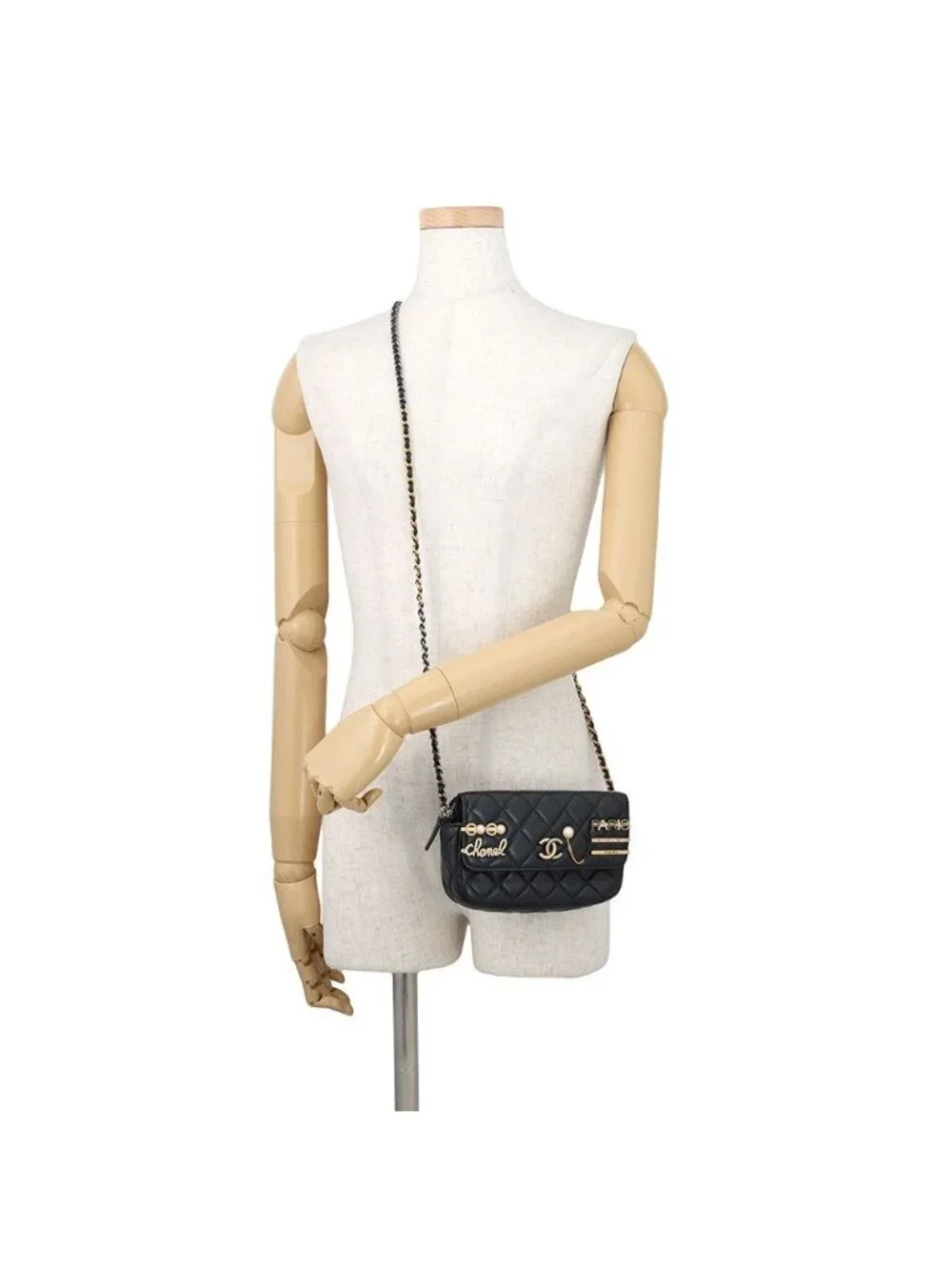 Chanel Chain Wallet Quilted CC Logo Lambskin Pearl Black Shoulder